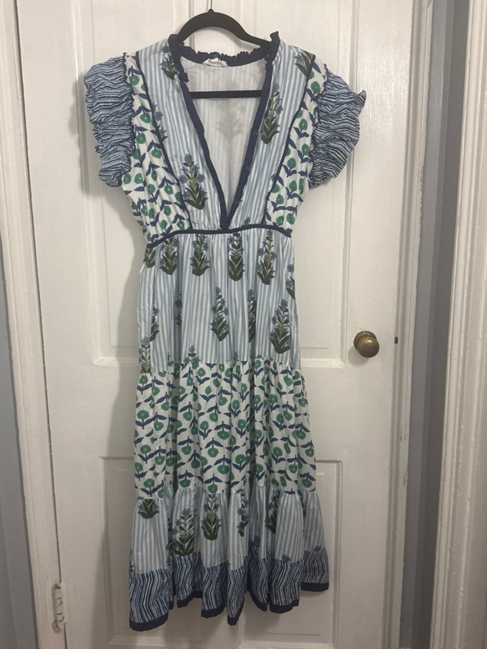 THML Blue and Green Striped Floral Midi Dress